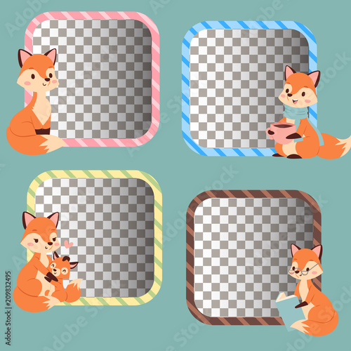 Fox character doing different foxy activities funny happy nature red tail and wildlife orange forest animal style graphic vector illustration.