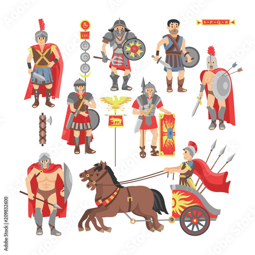 Gladiator vector roman warrior man character in armor with sword or weapon and shield in ancient Rome illustration historic set of greek people warrio fighting in war isolated on white background