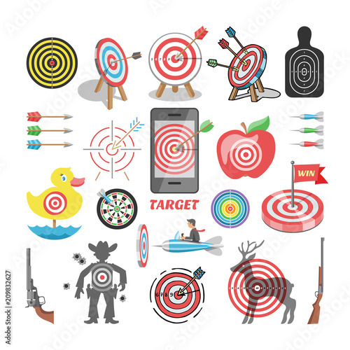 Target icon vector arrow in aim of dartboard and goal of success business strategy illustration set of sport darts game or shooting in apple isolated on white background