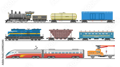 Train vector railway transport locomotive or wagon and subway or metro transportation illustration set of transportable vehicle or carriage on railroad station isolated on white background