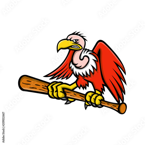 Mascot icon illustration of a Californian or Andean condor, vulture or buzzard, a scavenging bird of prey, clutching perching on a baseball bat viewed from front on isolated background in retro style.