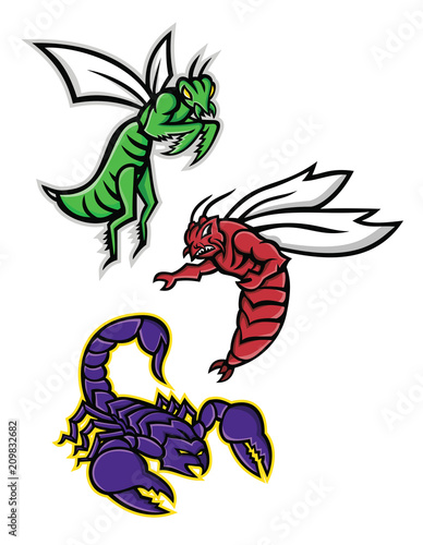 Mascot icon illustration set of scary insects like the praying mantis or mantis, the Florida wood cockroach,  skunk roach  or palmetto bug, scorpion with venomous stinger on isolated background in ret