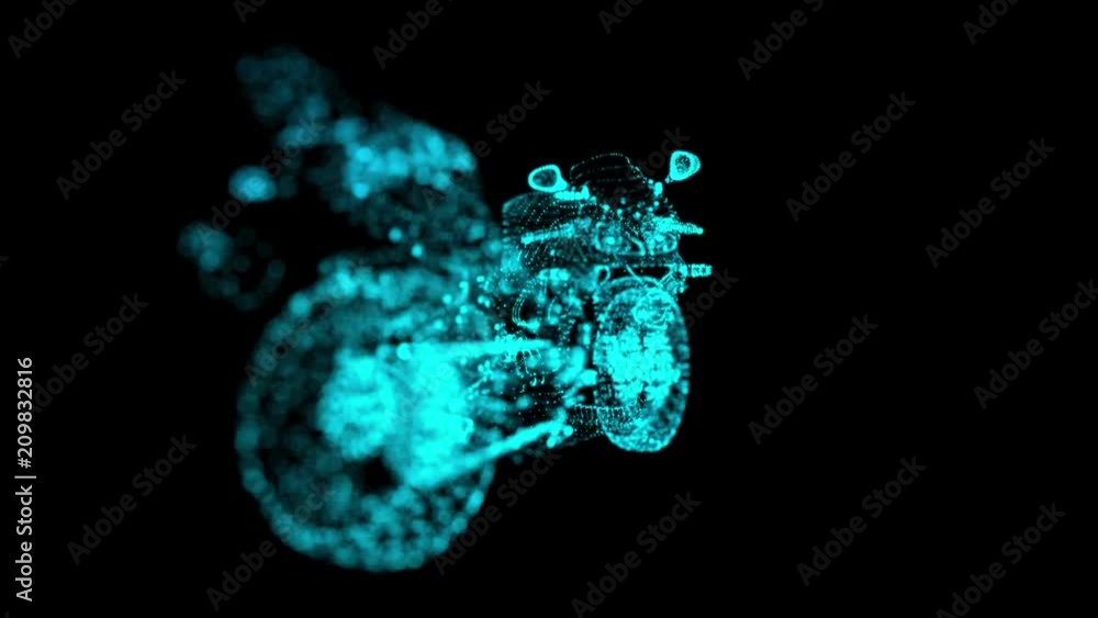 Rotating motorcycle. Glowing Light Particles Arranged in the Formation of Model motorcycle 360 Degree. Seamless Looping Motion Animated Background. Blue Cyan color. Rotating motorcycle. Glowing Light Particles Arranged in the Formation of Model motorcycle 360 Degree. Seamless Looping Motion Animated Background. Blue Cyan color.
