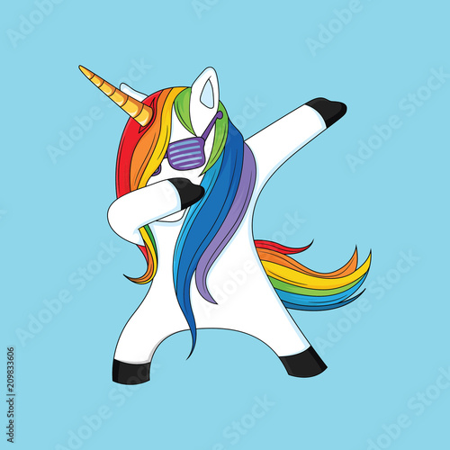 dabbing unicorn with blue background