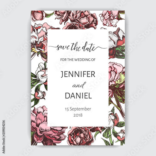 Hand drawn sketch wedding illustration peony flowers. Vector templete Save the date.