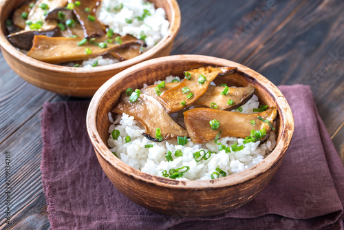 Bowls of rice with teriyaki king oyster mushrooms photo