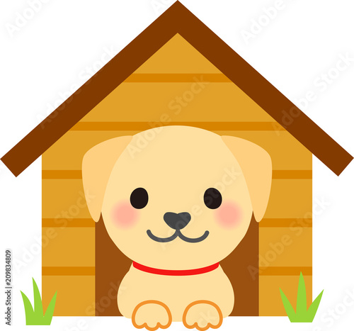 犬小屋に入っているラブラドールレトリバー