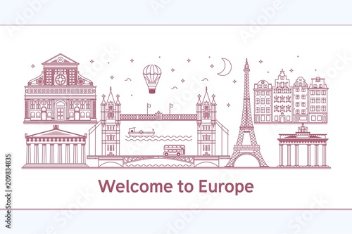 Welcome to Europeposter with famous attractions illustration. Travel on the world concept Vector illustration