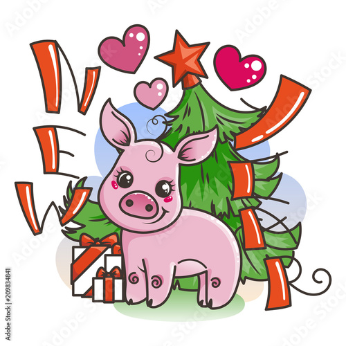 Fototapeta Naklejka Na Ścianę i Meble -  Happy New 2019 Year card with cartoon baby pig. Small symbol of holiday.