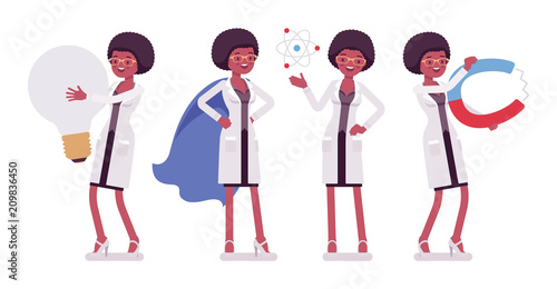 Female black scientist and giant things