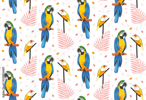 Hand drawn vector abstract cartoon summer time graphic decoration illustrations art seamless pattern with exotic tropical rainforest Gouldian finch and Parrot Macaw birds isolated on white background