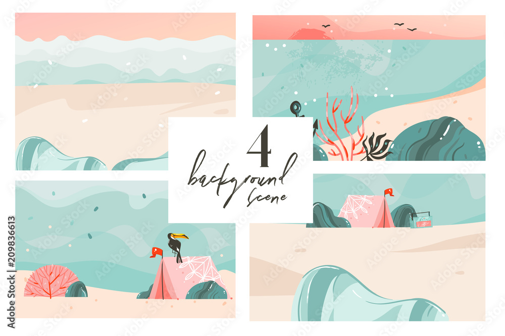 Hand drawn vector abstract cartoon summer time graphic illustrations art backgrounds collection set with ocean beach landscape,pink sunset,beach scene and copy space place for your text