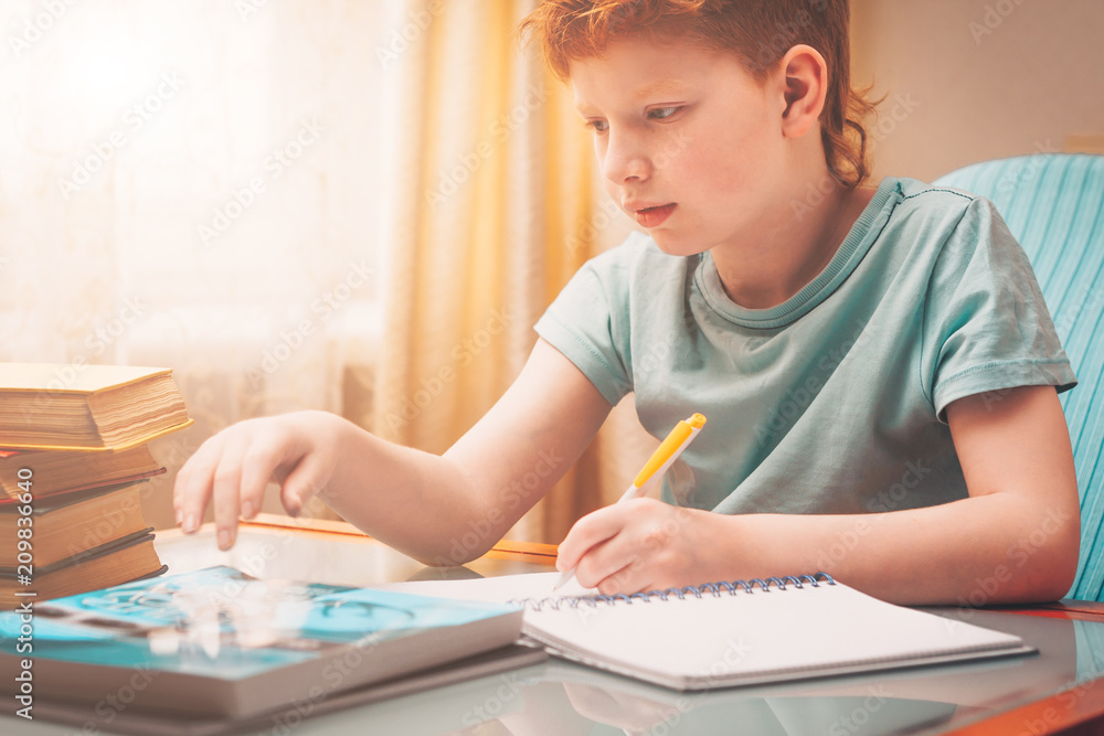 Home schooling, red-haired boy learns writing down in a workbook Home schooling, red-haired boy learns writing down in a workbook