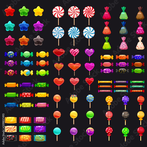 Supe set of different sweets on black background hard candies dragee jelly beans peppermint candy. Vector illustration,