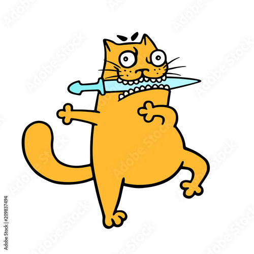 Fat orange cat with a blade in his teeth dances a fighting dance. Vector illustration