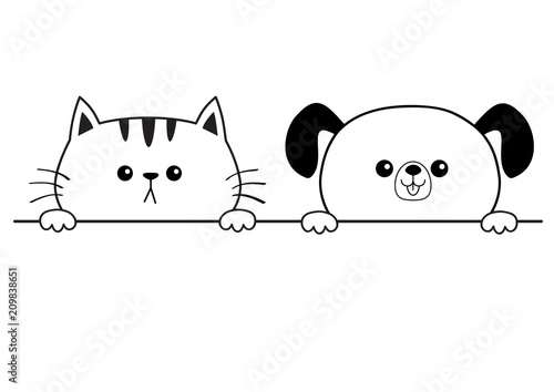 Cat dog happy face head icon. Hands paw holding table line. Contour silhouette. Cute cartoon pooch kitten character. Kawaii animal. Funny baby puppy kitty. Love card. Flat design. White background.