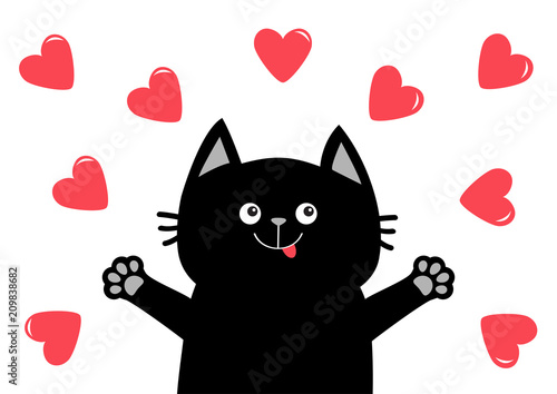 Black cat head face. Hand paw print. Heart icon set. Happy Valentines day. Love card. Cute cartoon funny character. Kawaii pet animal. White background. Flat design.