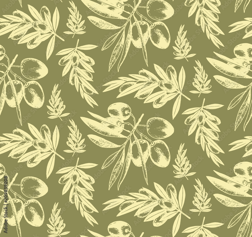 Seamless pattern of olive branches.Hand drawn vector illustration.