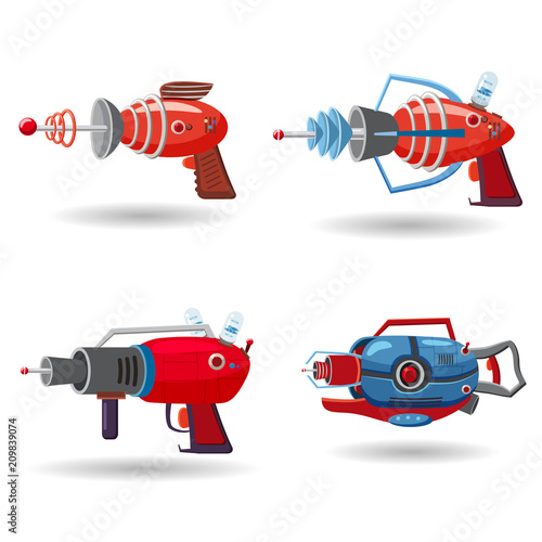 Set cartoon retro space blaster, ray gun, laser weapon. Vector illustration. Cartoon style
