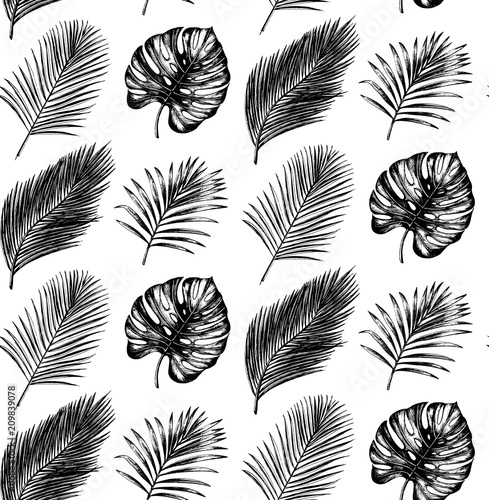 Tropical seamless pattern in vector.Exotic palm leaves and fruits background. Jungle foliage illustration. Hand sketch.