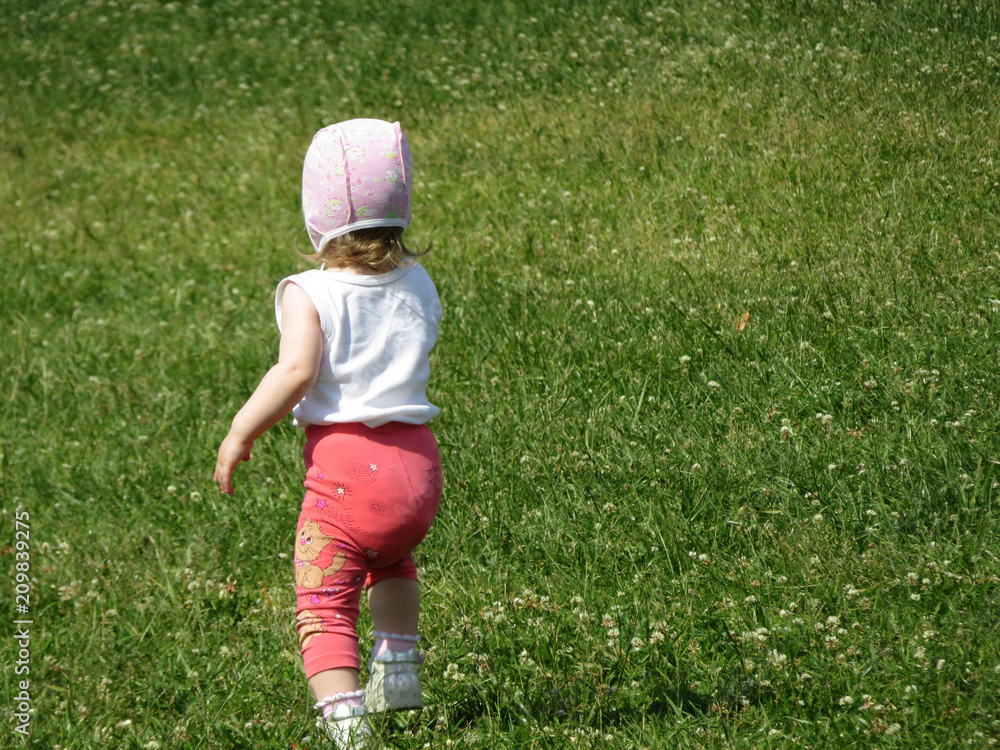 Baby first steps, happy childhood. Little child walking on a green grass, enjoys the summer, rear view. Baby girl on the meadow, environment safety Baby first steps, happy childhood. Little child walking on a green grass, enjoys the summer, rear view. Baby girl on the meadow, environment safety