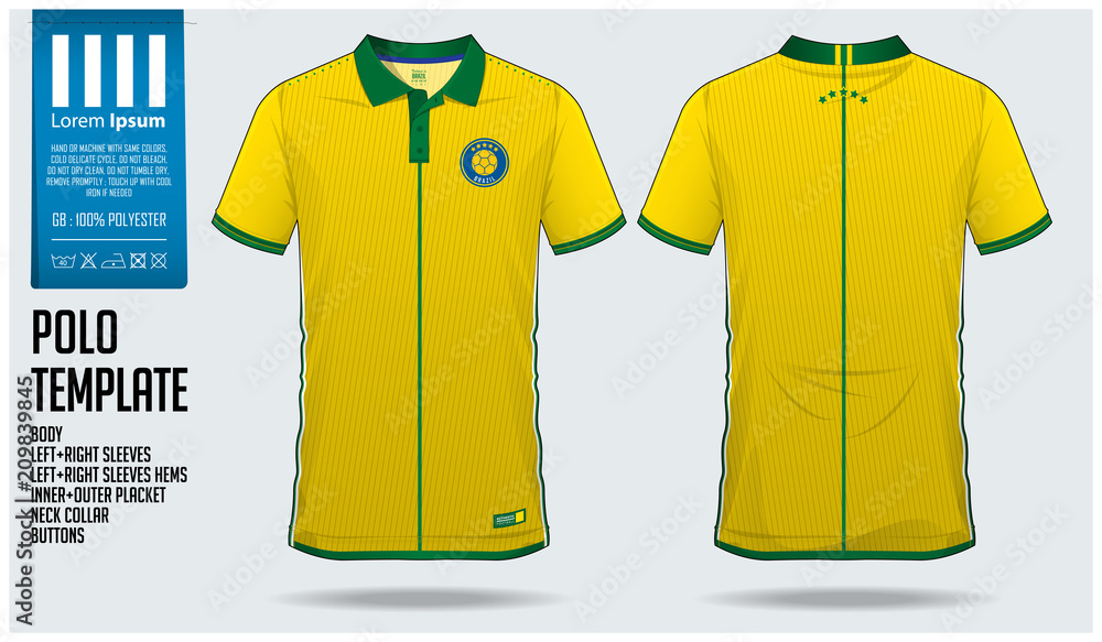 Vecteur Stock Brazil Team Polo t-shirt sport template design for soccer  jersey, football kit or sportwear. Classic collar sport uniform in front  view and back view. T-shirt mock up for sport club.