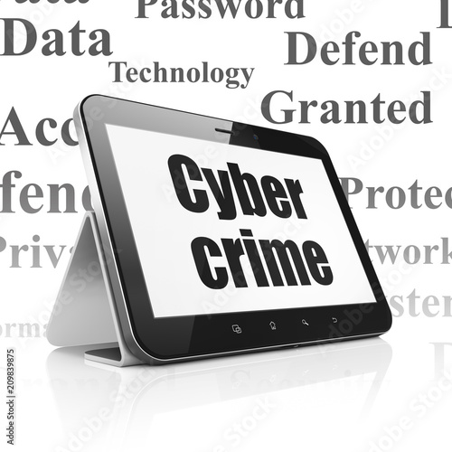 Safety concept: Tablet Computer with black text Cyber Crime on display, Tag Cloud background, 3D rendering