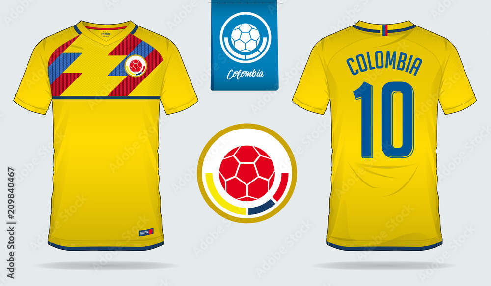 Soccer jersey or football kit template design for Colombia national  football team. Front and back view soccer uniform. Football t shirt mock up  with flat logo design. Vector Illustration Stock Vector