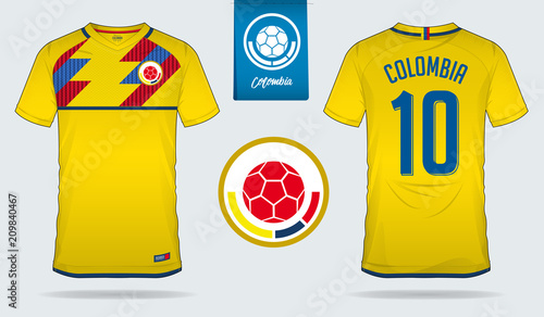 Soccer jersey or football kit template design for Colombia national football team. Front and back view soccer uniform. Football t shirt mock up with flat logo design. Vector Illustration