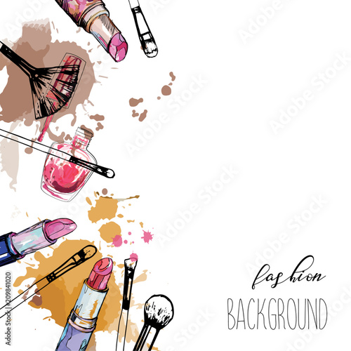 Cosmetics and fashion background with make up artist objects: lipstick, nail polish, brush. With place for your text.