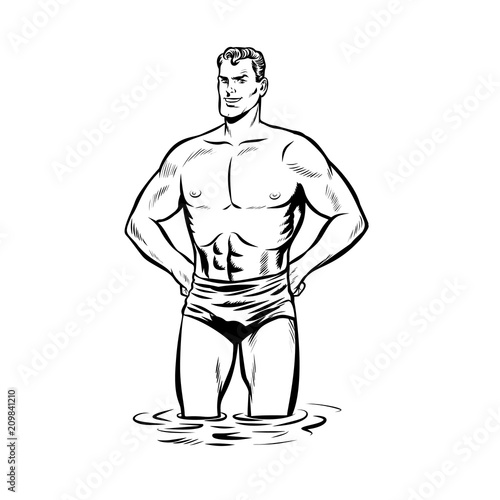 Man swimmer in swimming trunks. black and white outline