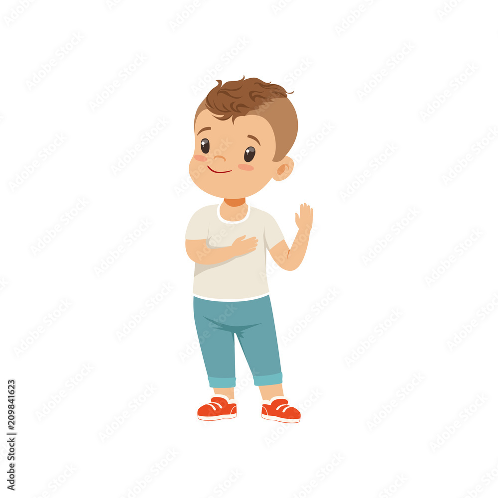 Boy holding hand on a heart honesty truth promise, boy character standing and gesturing, vector Illustration on a white background