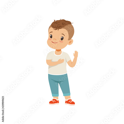 Boy holding hand on a heart honesty truth promise, boy character standing and gesturing, vector Illustration on a white background