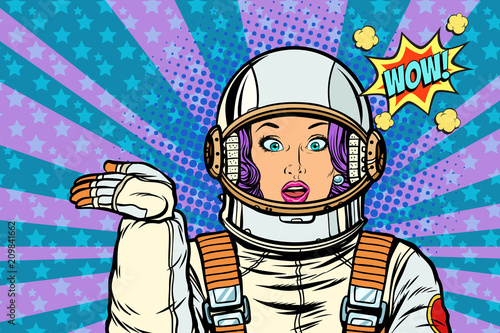 astronaut surprise woman presentation gesture