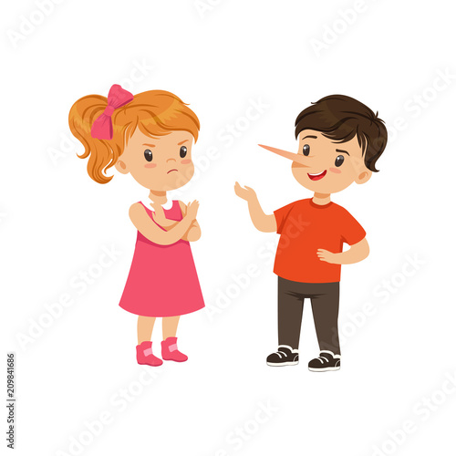 Boy with long nose lying to girl with crossed arms vector Illustration on a white background
