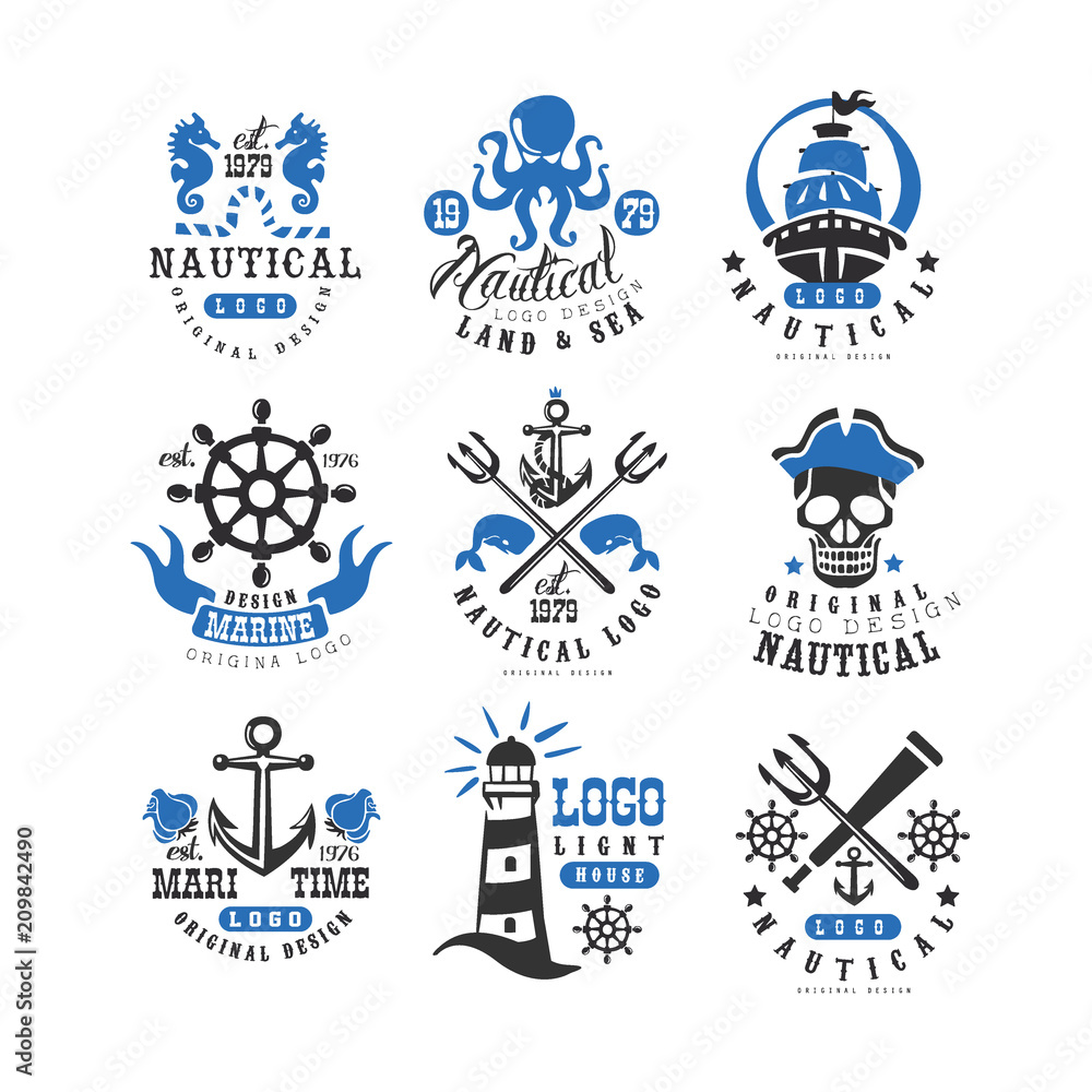 Marine logo set, design element for nautical school, club, business identity, print products vector Illustration on a white background Marine logo set, design element for nautical school, club, business identity, print products vector Illustration on a white background
