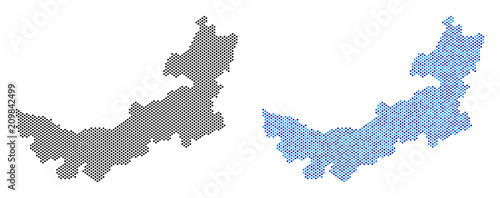 Circle dot Chinese Inner Mongolia map variants. Vector territorial plans in black color and blue color hues. Abstract collage of Chinese Inner Mongolia map composed from round dot matrix.