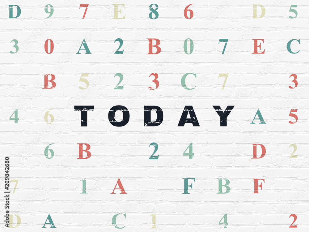 Time concept: Painted black text Today on White Brick wall background with Hexadecimal Code Time concept: Painted black text Today on White Brick wall background with Hexadecimal Code