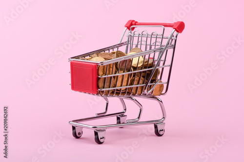 Coins in shopping cart on pink background