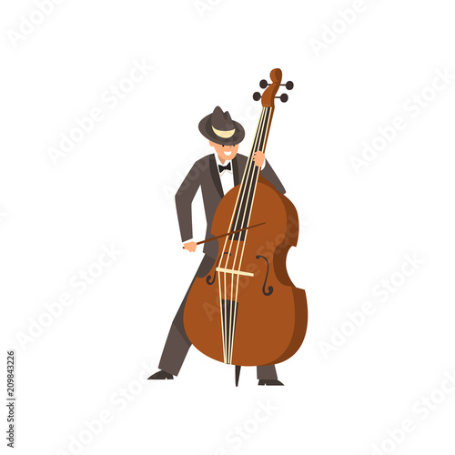 Cellist man playing cello, musicain wearing black elegant suit and hat playing classical music vector Illustration on a white background