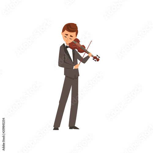 Male musician playing violin, violinist wearing black elegant suit playing classical music vector Illustration on a white background