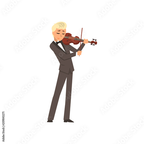 Male musician wearing a classic suit playing violin, violinist playing classical music vector Illustration on a white background