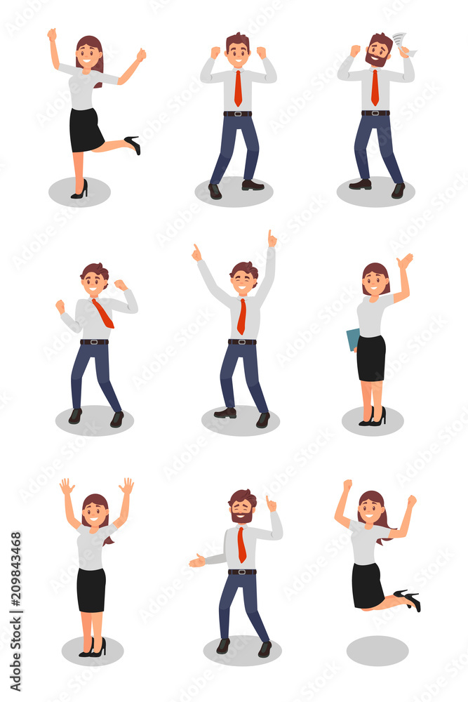 Flat vector set of happy office workers in different actions. Young girls and guys in formal outfit. Young businessmen and businesswomen