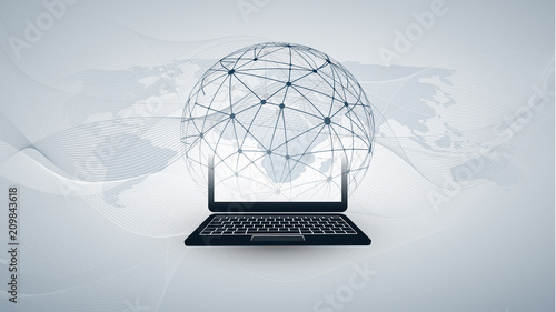 Digital Network Connections, Mobile Technology Background - Cloud Computing Design Concept with Transparent Geometric Wireframe