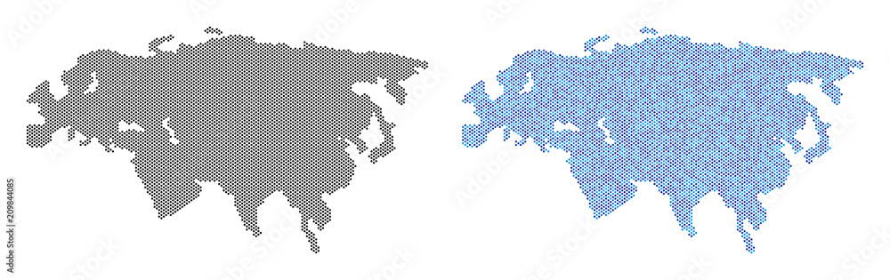 Pixel Eurasia map version. Vector geographic schemes in black color and blue color variations. Abstract concept of Eurasia map constructed from small circle item array. - obrazy, fototapety, plakaty 