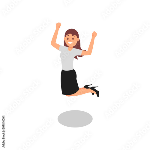 Happy young girl jumping with clenching fists. Successful office worker. Woman in formal outfit. Flat vector illustration
