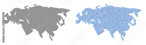 Pixel Europe and Asia map version. Vector territorial plans in black color and blue color tints. Abstract composition of Europe and Asia map created from spheric point array.