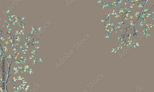 Tree with yellow fruits, branches and leaves