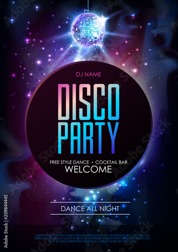 Disco ball background. Disco party poster on open space background