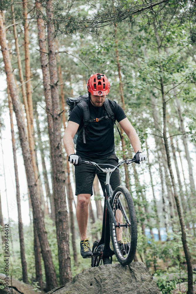 Fototapeta premium front view of male extreme cyclist in protective helmet doing stunt on mountain bicycle in forest